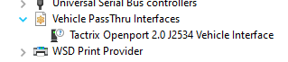 Device Manager before OPTA driver install showing Tactrix Openport 2.0 J2534 Vehicle Interface