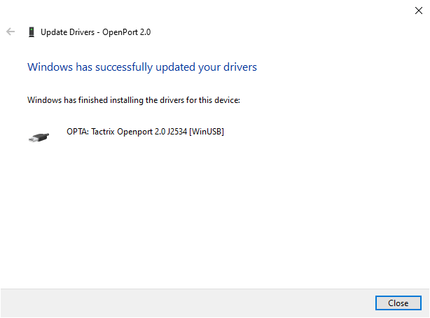 Windows driver install confirmation for OPTA Tactrix Openport 2.0 J2534 WinUSB