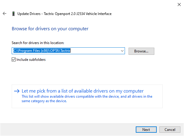 Update Drivers dialog showing the OPTA Tactrix install path
